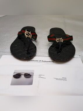 Gucci Vintage Web Stripe GG Logo Thong Sandals Flip Flops Black Size 39